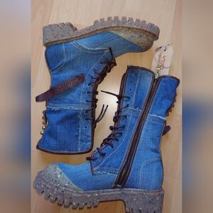AS98 Cambert Blue Denim Lace-Up Boots W Brown Italian Leather Accents